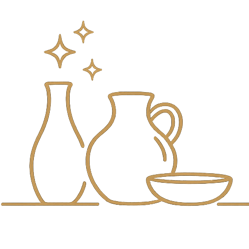 Decorative line drawing of vases and a bowl on a white background