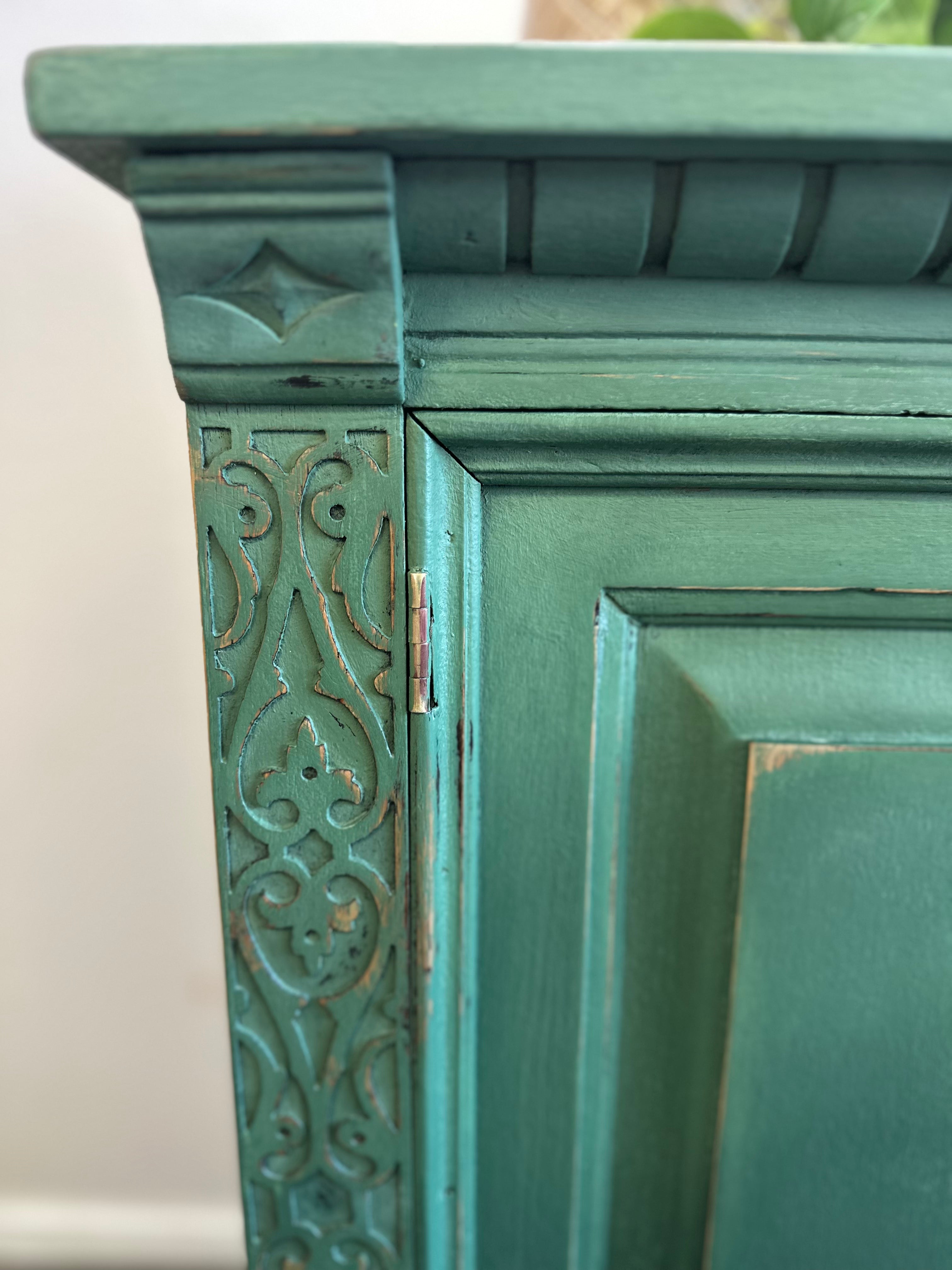 Beautiful Hand-Painted Green Antique Buffet | Vintage Sideboard | Farmhouse Furniture