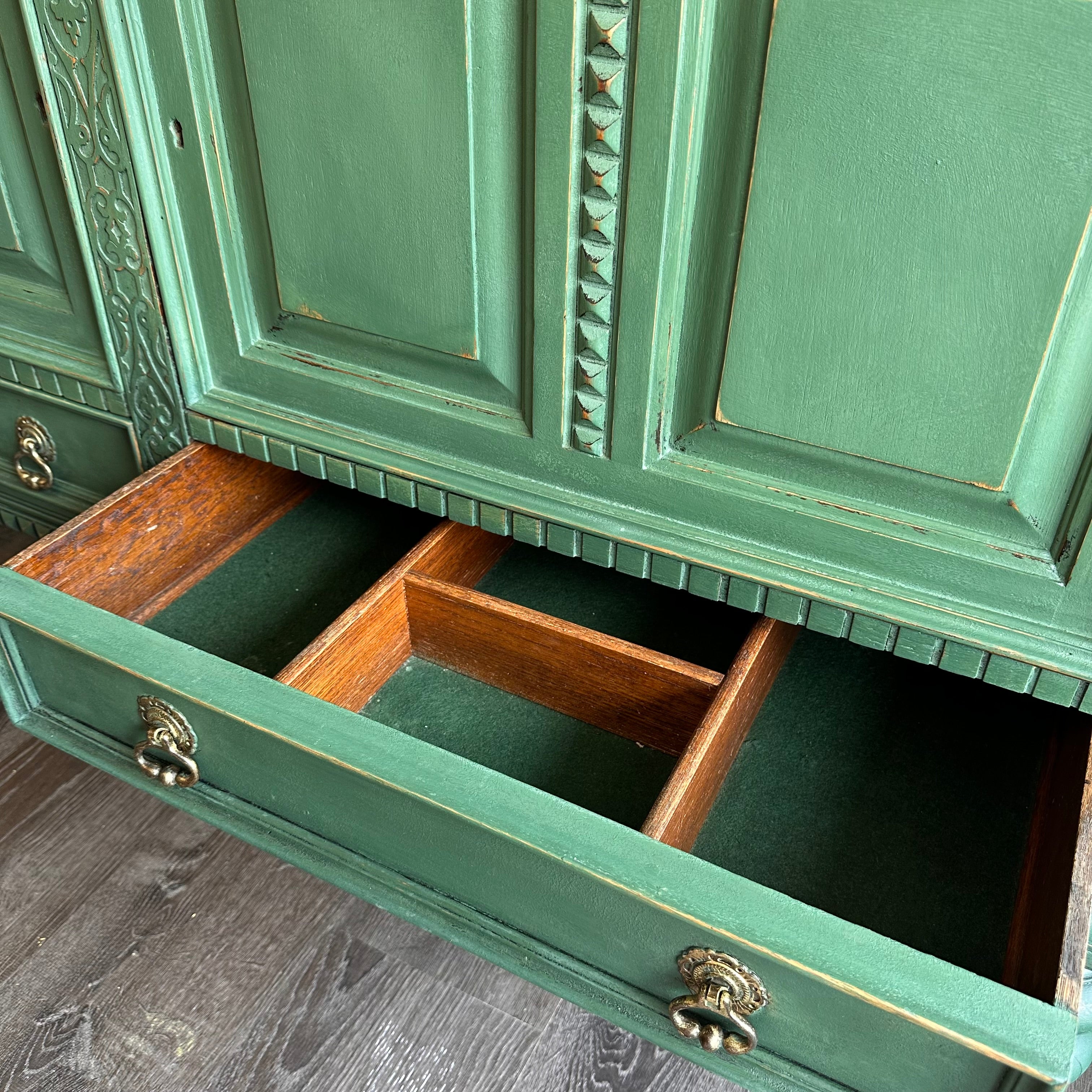Beautiful Hand-Painted Green Antique Buffet | Vintage Sideboard | Farmhouse Furniture