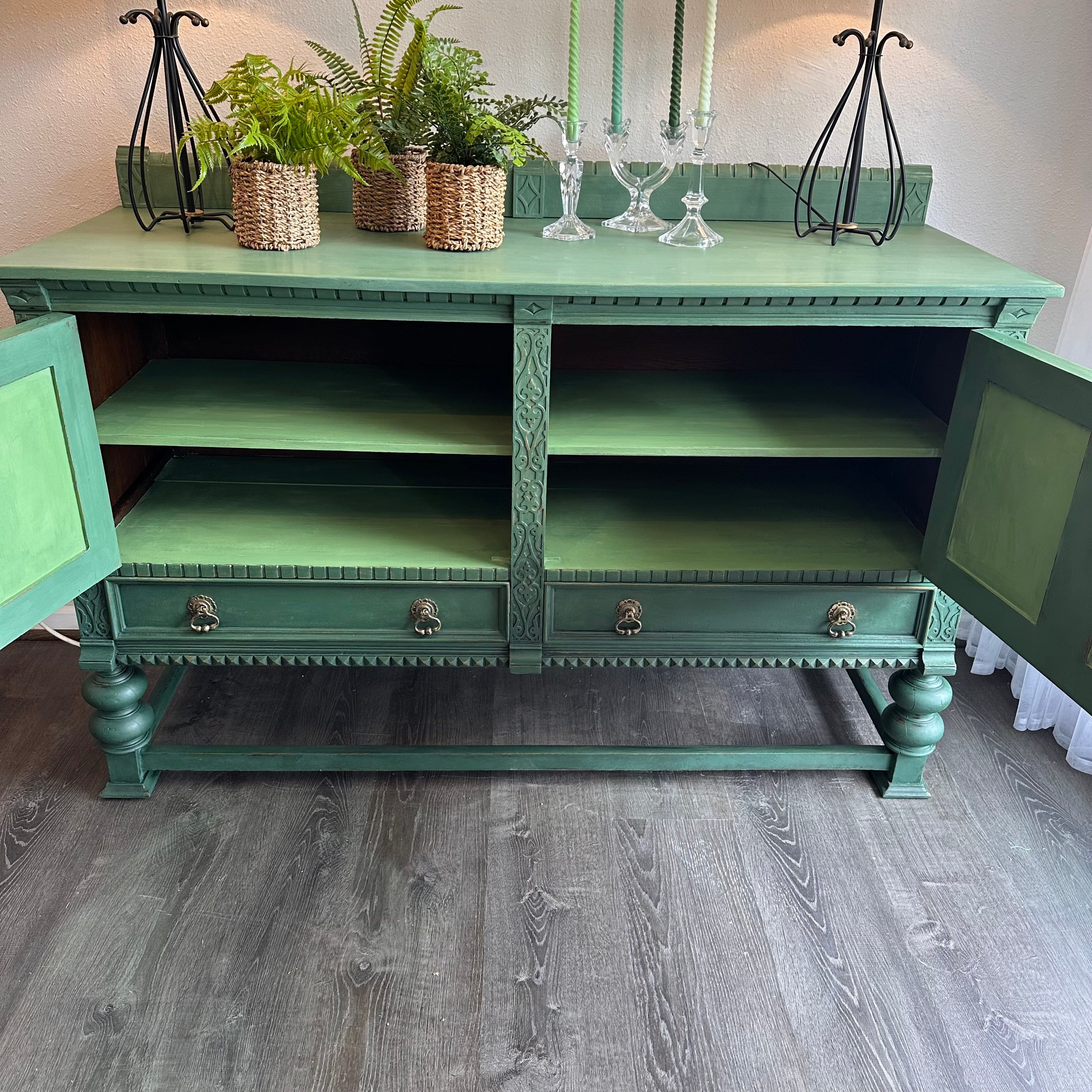 Beautiful Hand-Painted Green Antique Buffet | Vintage Sideboard | Farmhouse Furniture