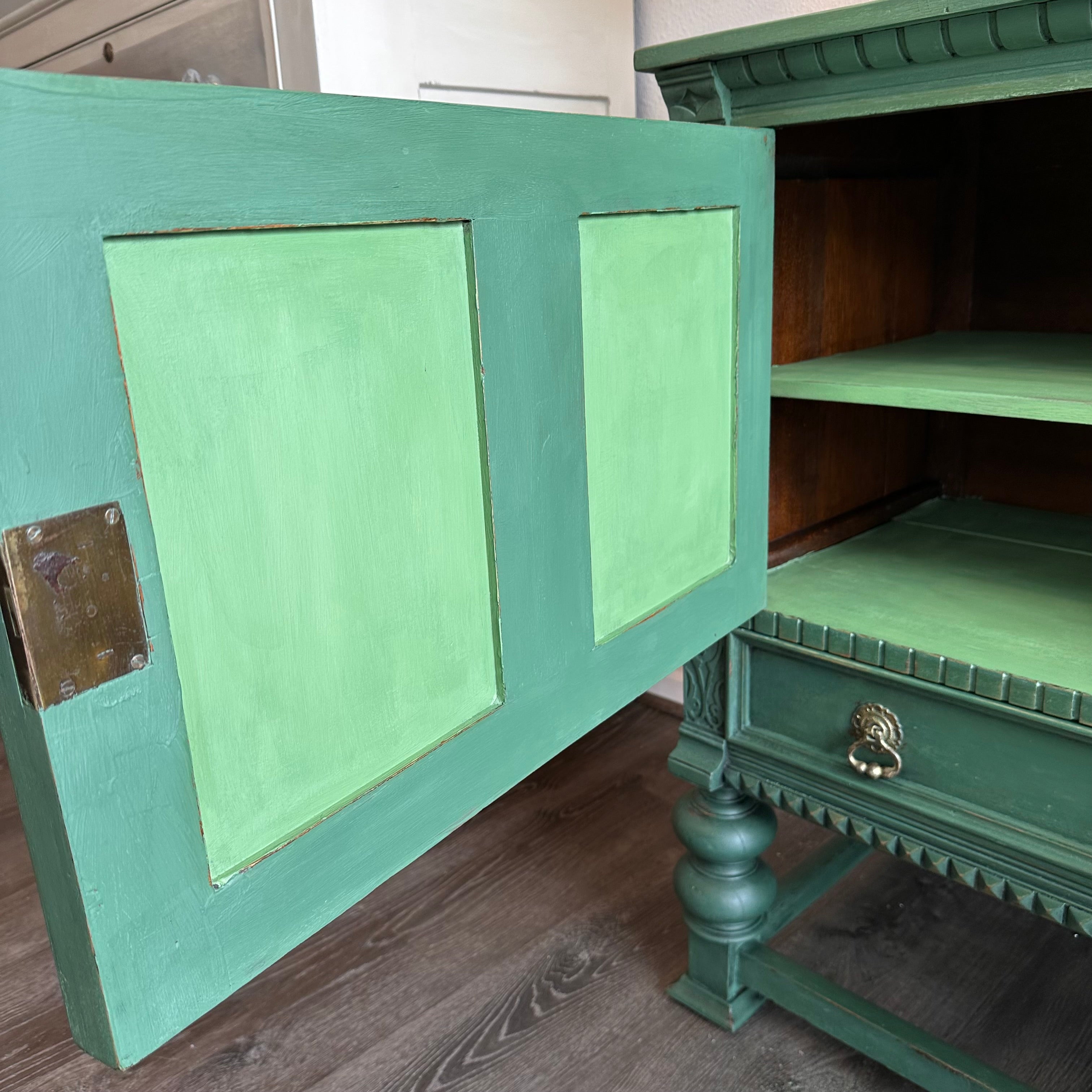 Beautiful Hand-Painted Green Antique Buffet | Vintage Sideboard | Farmhouse Furniture