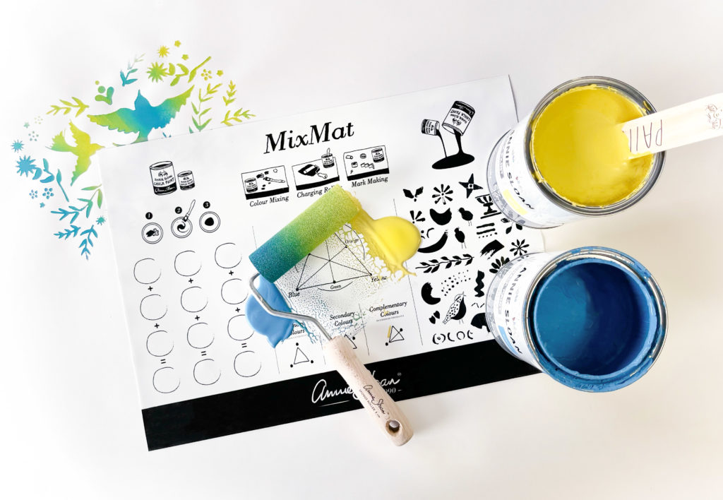 Annie Sloan Mix Mat with stencils designs, paint and roller on a white background