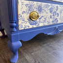 Chinoiserie Blue & White Vintage Dresser – Hand-Painted, Floral Drawers, Brass Hardware, One-of-a-Kind Statement Furniture