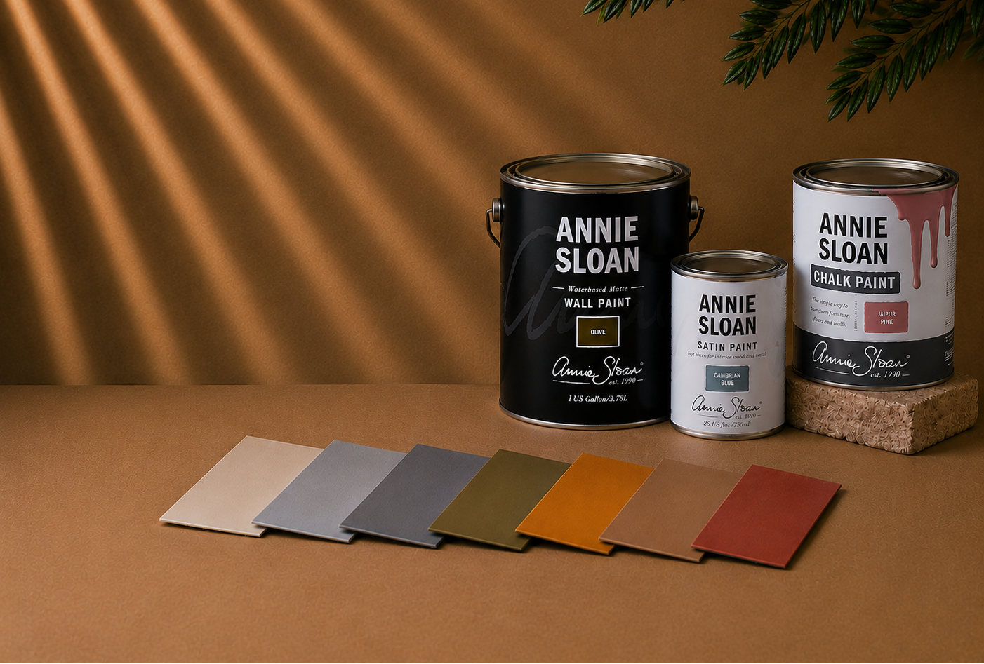 Annie Sloan paint cans and color swatches on a brown surface with a plant in the background