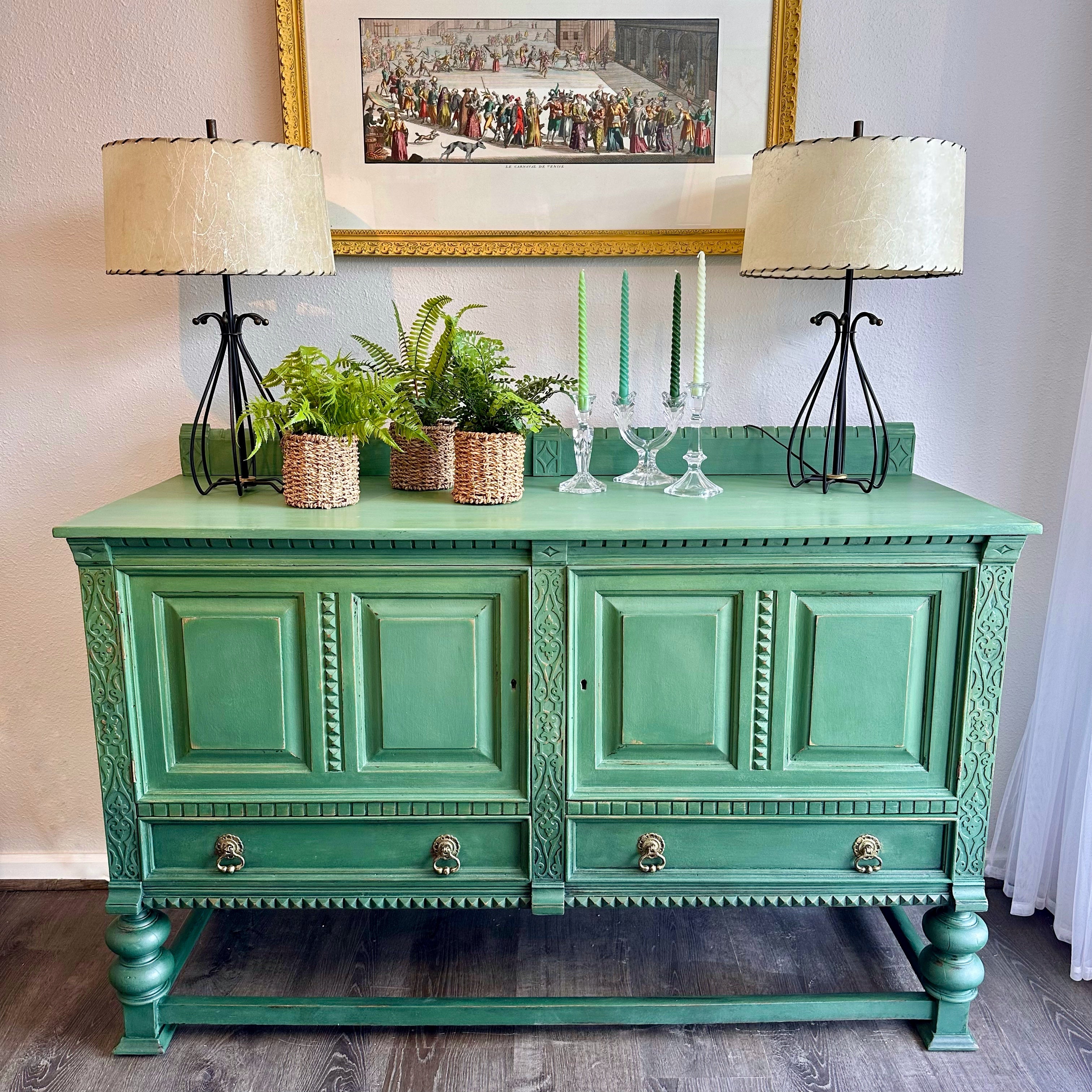 Beautiful Hand-Painted Green Antique Buffet | Vintage Sideboard | Farmhouse Furniture