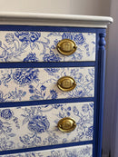 Chinoiserie Blue & White Vintage Dresser – Hand-Painted, Floral Drawers, Brass Hardware, One-of-a-Kind Statement Furniture