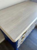 Chinoiserie Blue & White Vintage Dresser – Hand-Painted, Floral Drawers, Brass Hardware, One-of-a-Kind Statement Furniture