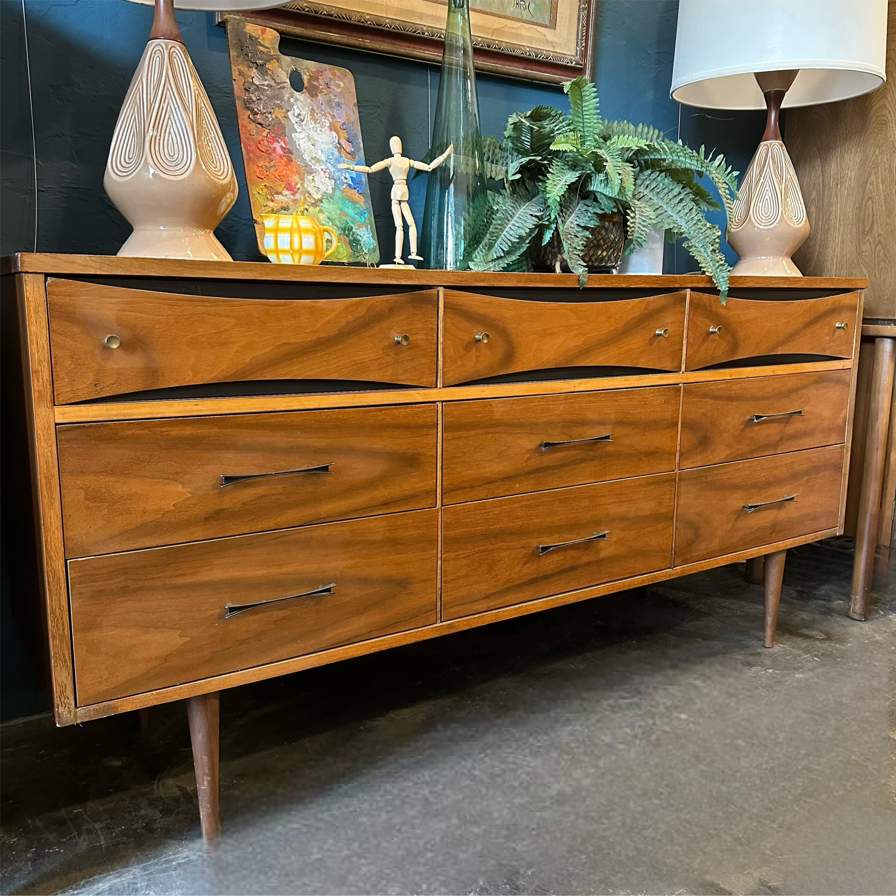 Mid Century Modern Triple Dresser with Bowtie Accents