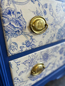 Chinoiserie Blue & White Vintage Dresser – Hand-Painted, Floral Drawers, Brass Hardware, One-of-a-Kind Statement Furniture