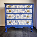 Chinoiserie Blue & White Vintage Dresser – Hand-Painted, Floral Drawers, Brass Hardware, One-of-a-Kind Statement Furniture