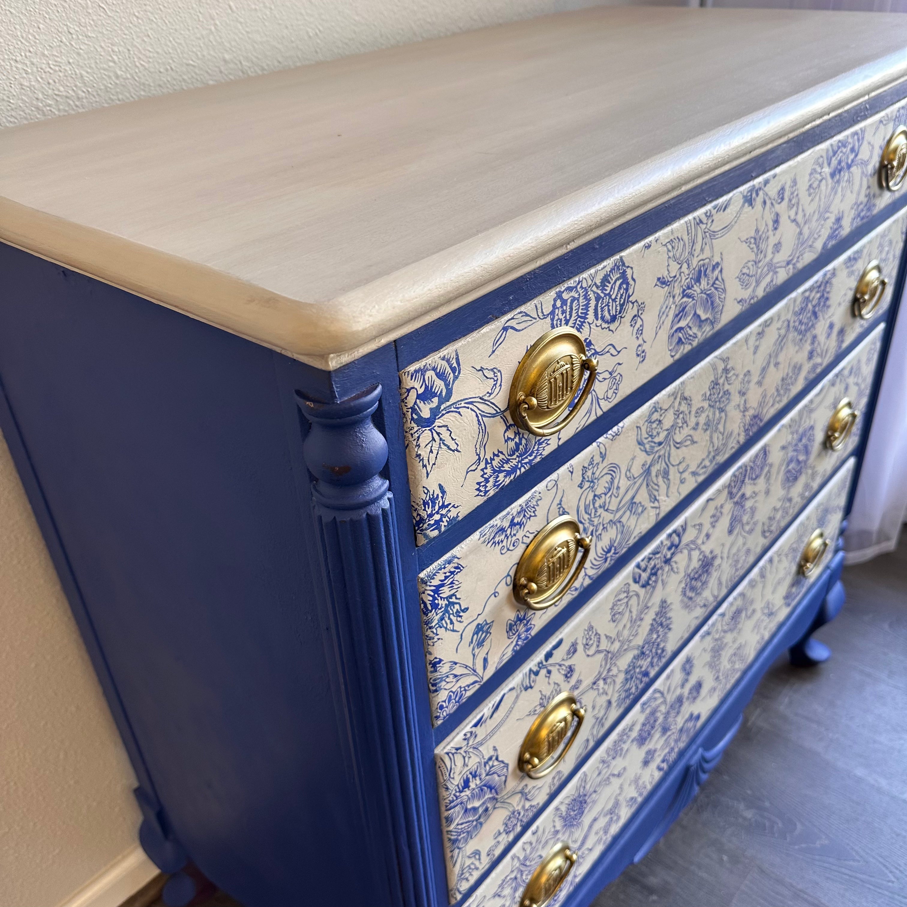 Chinoiserie Blue & White Vintage Dresser – Hand-Painted, Floral Drawers, Brass Hardware, One-of-a-Kind Statement Furniture