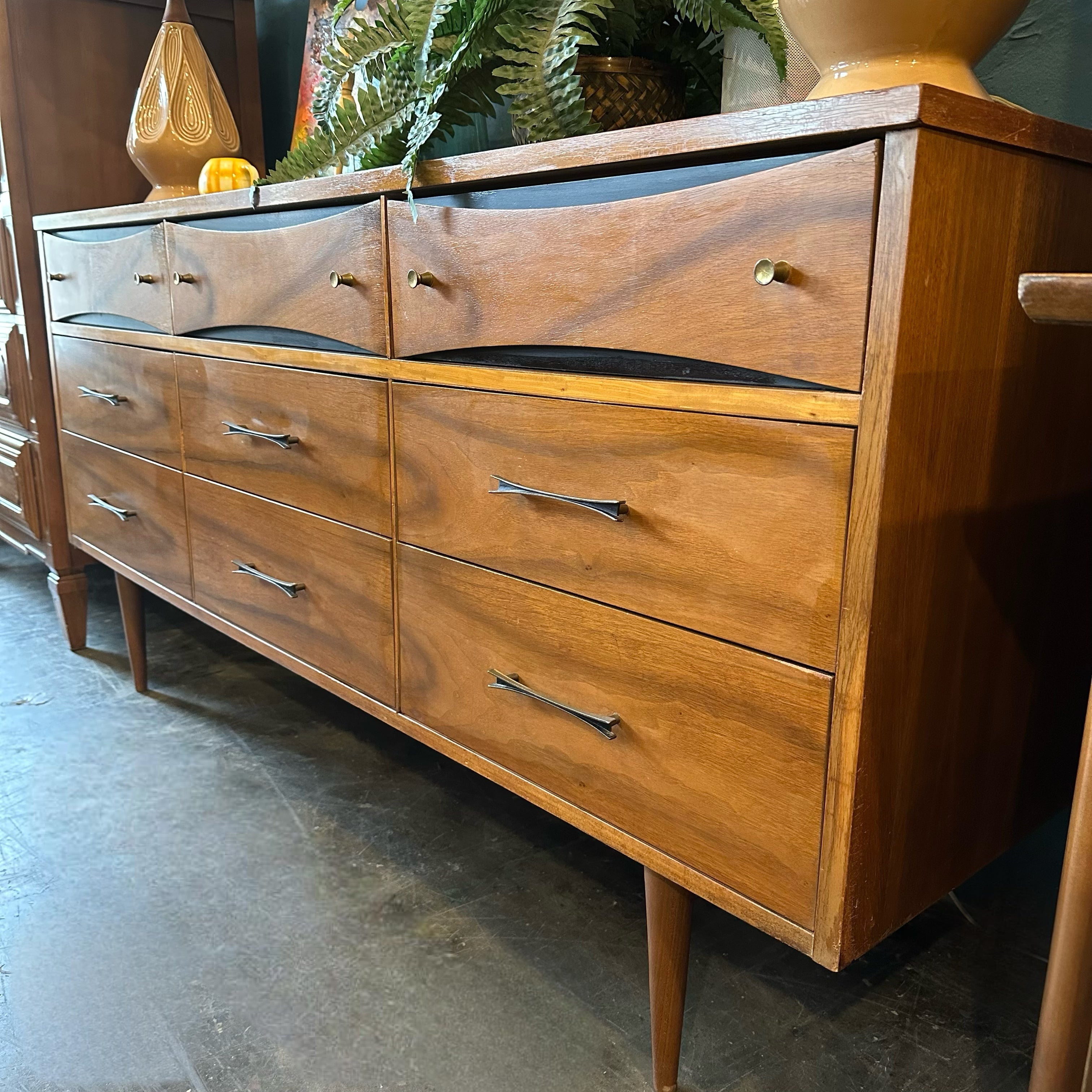 Mid Century Modern Triple Dresser with Bowtie Accents