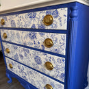 Chinoiserie Blue & White Vintage Dresser – Hand-Painted, Floral Drawers, Brass Hardware, One-of-a-Kind Statement Furniture