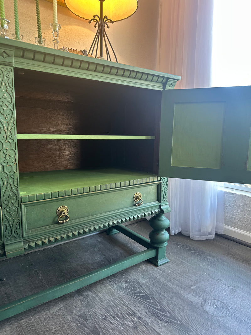 Beautiful Hand-Painted Green Antique Buffet | Vintage Sideboard | Farmhouse Furniture