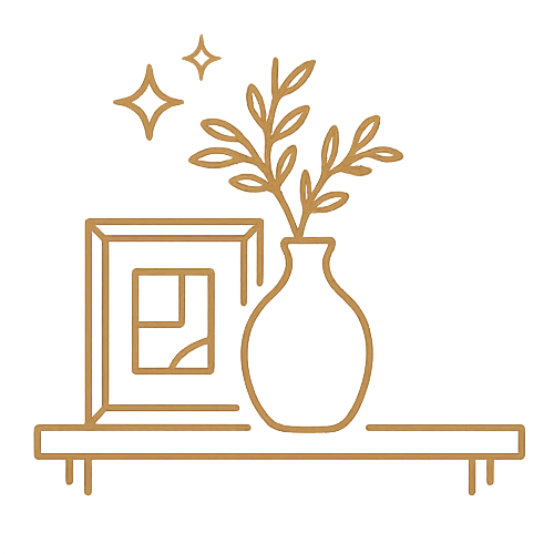 Decorative icon of a shelf with a vase and framed picture on a white background