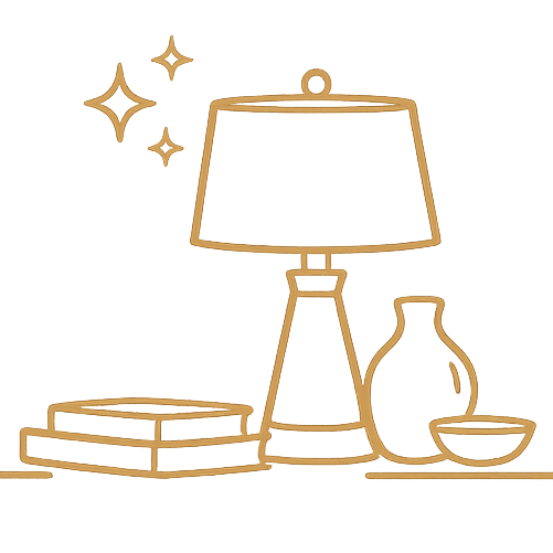 Illustration of a lamp, books, and a vase on a white background