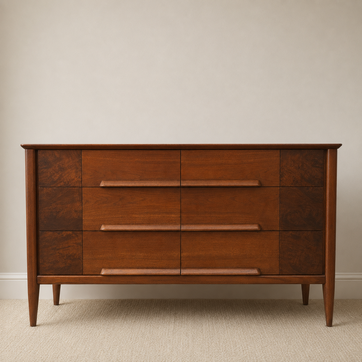 MCM Walnut and Burl Wood Dresser by Stanley