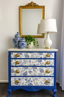 Chinoiserie Blue & White Vintage Dresser – Hand-Painted, Floral Drawers, Brass Hardware, One-of-a-Kind Statement Furniture