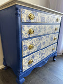 Chinoiserie Blue & White Vintage Dresser – Hand-Painted, Floral Drawers, Brass Hardware, One-of-a-Kind Statement Furniture