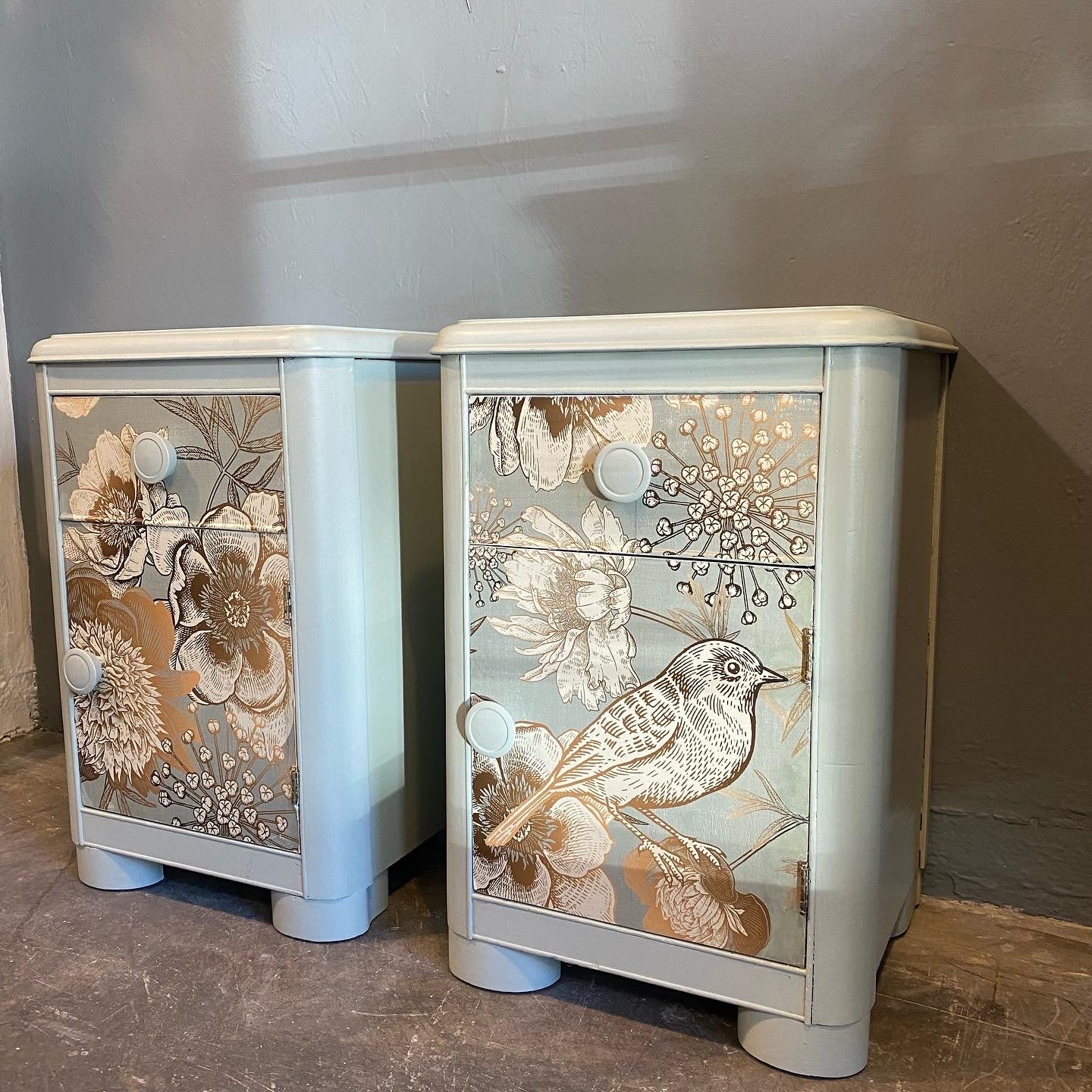 Pair of Art Deco Foil Bird Nightstands