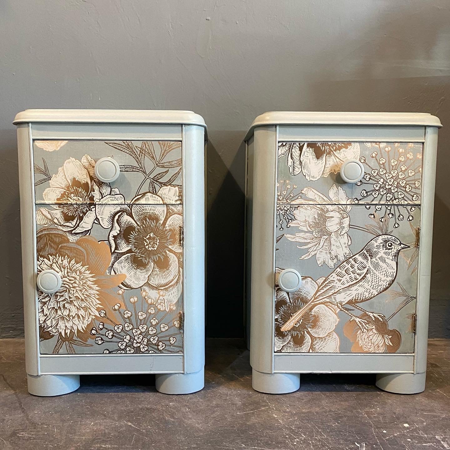 Pair of Art Deco Foil Bird Nightstands